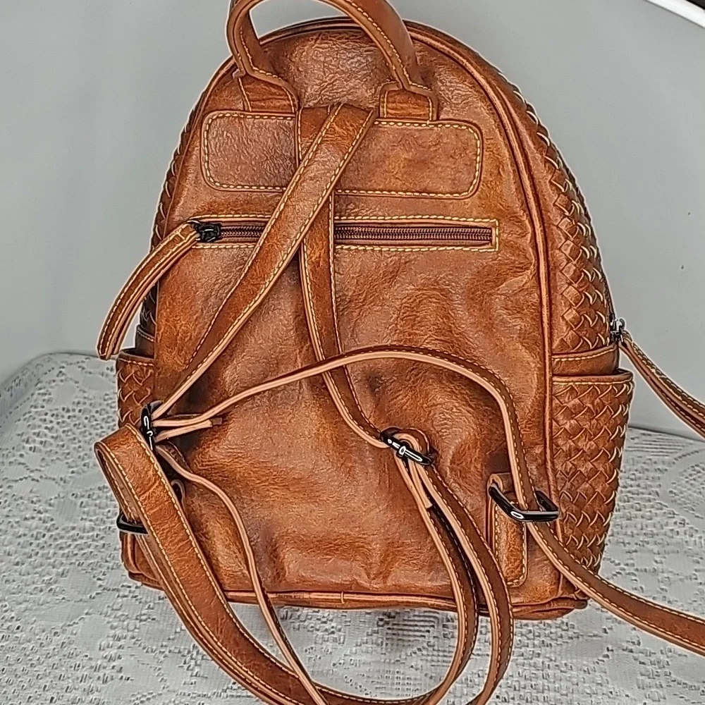 Shomico tan leather woven basket style weaved backpack purse handbag - Picture 4 of 8